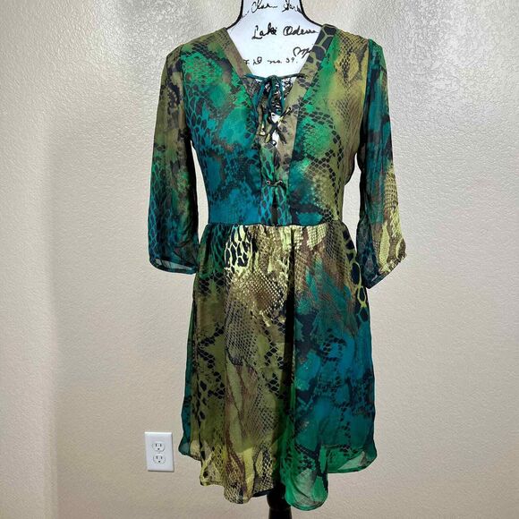 Romeo and Juliet couture green snake print colorful dress sz S boho hippie retro - Picture 5 of 16